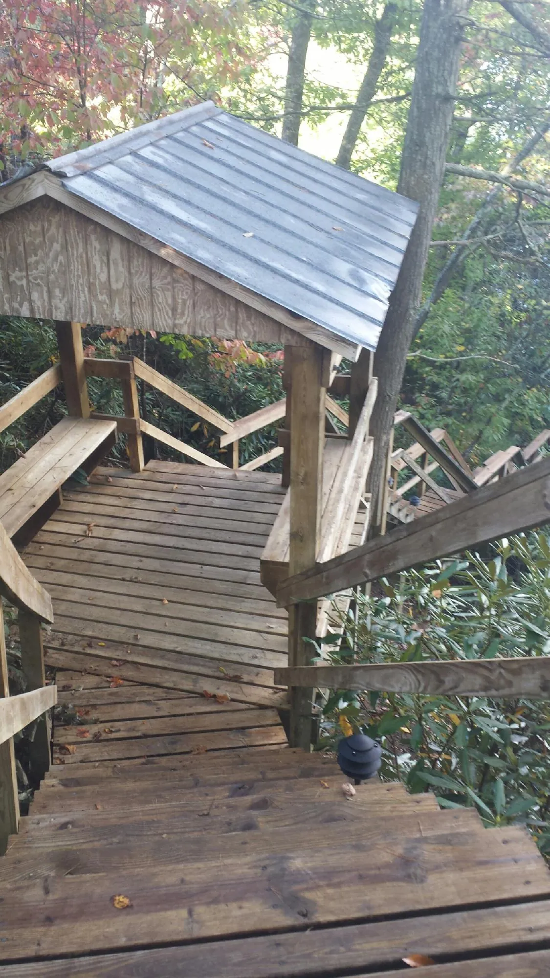 Metal roofed shelter over wooden steps on a wooded walkway — Skylight Repair & Installation work by our crew in Oneonta